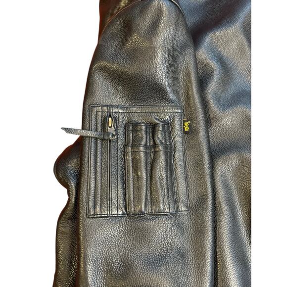 ALPHA INDUSTRIES Black Genuine Leather Full Zip Moto Biker Bomber Jacket LARGE - Picture 4 of 11